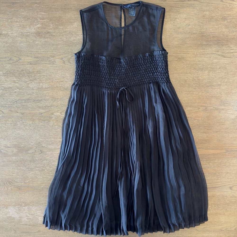 French‎ Connection Sleeveless Sheer Pleated A-line Chiffon Dress-Black-Size 0